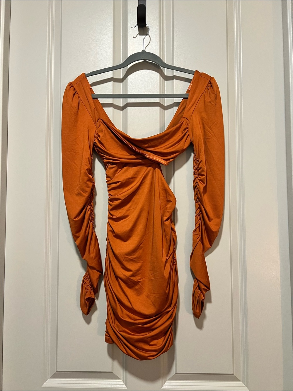 Rust Orange Ruched Long-Sleeve Cut Out Mini Dress